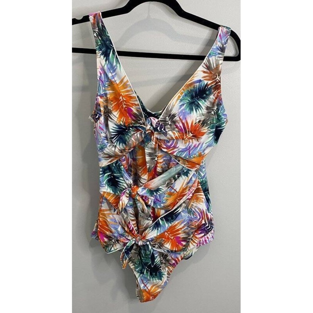 Fit 4 U Womens One Piece Tropical Print Tie Front Swimsuit Slimming 16